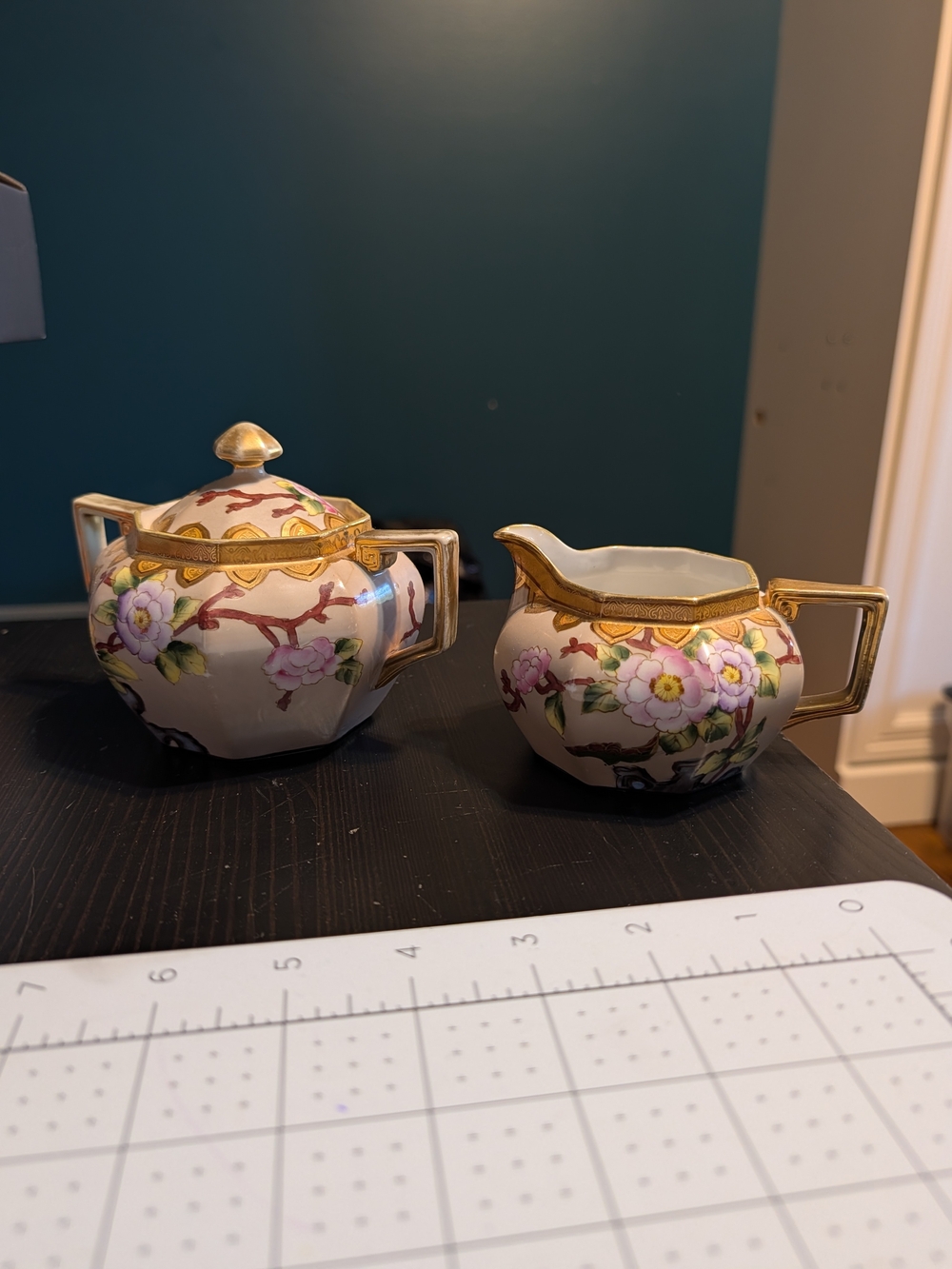 Antique Nippon Floral Porcelain Sugar and Creamer Set with Gold Trim